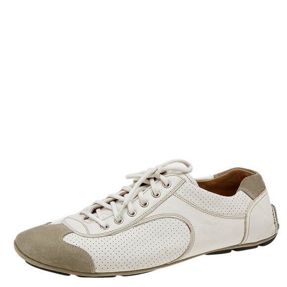 Prada White/Grey Leather And Suede Perforated Low Top Sneakers Size 44.5 - Picture 1 of 4